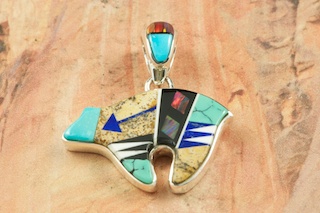 Genuine Picture Jasper, Turquoise, Magnesite, Blue Lapis and Black Jade inlaid in Sterling Silver.  Beautiful Fire and Ice Lab Opal Accents. Stunning Reversible Bear Pendant with Contemporary Sterling Silver Design. Free 18